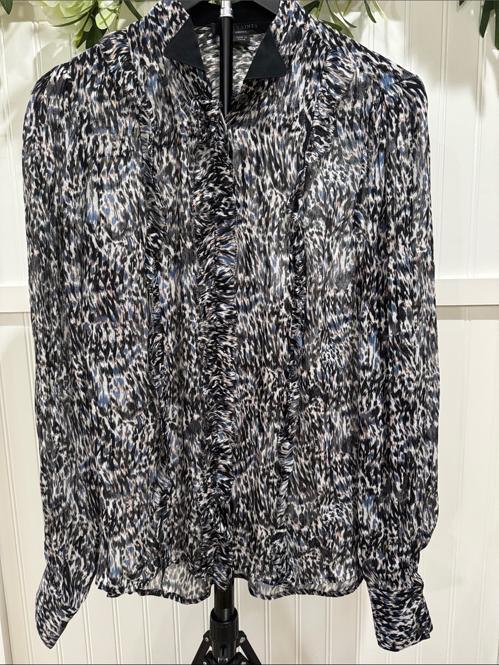 #696 ALL SAINTS Black, Blue & Gray Abstract Ruffle Blouse A BEAUTY!!